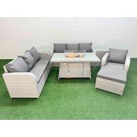 Fimous 8 Seater Poly Rattan Outdoor Garden Furniture Firepit Dining Table Sofa Set Patio 3 Seater Sofa Reclining Chair 3 Seater Sofa Big Footstool 2