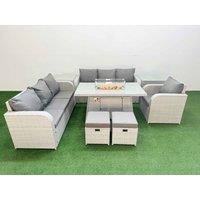 Fimous 9 Seater Poly Rattan Outdoor Garden Furniture Firepit Dining Table Sofa Set Patio 3 Seater Sofa Reclining Chair 3 Seater Sofa Stools 2 Side