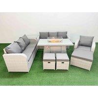 Fimous 10 Seater Poly Rattan Outdoor Garden Furniture Firepit Dining Table Sofa Set Patio 3 Seater Sofa Reclining Chair 3 Seater Sofa 3 Stools Side