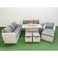 Fimous 10 Seater Poly Rattan Outdoor Garden Furniture Firepit Dining Table Sofa Set Patio 3 Seater Sofa Reclining Chair 3 Seater Sofa 3 Stools 2 Side