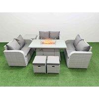 Fimous 8 Seater PE Wicker Rattan Furniture Sofa Sets with Firepit Dining Table 2 Seater Love Sofa 2 Stool Side Table Light Grey