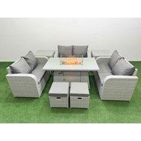 Fimous 8 Seater PE Wicker Rattan Furniture Sofa Sets with Firepit Dining Table 2 Seater Love Sofa 2 Stool 2 Side Table Light Grey
