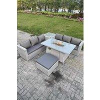 Fimous Corner Rattan Fire Pit Gas Heater Burner Lounge Sofa With Side Coffee Table Big Footstool in Light Grey
