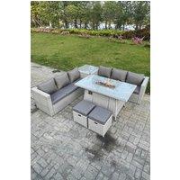 Fimous Rattan Fire Pit Set Gas Heater Burner Lounge Sofa Dining Table With Side Coffee Table 2 pc Stool in Light Grey