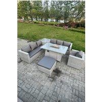 Fimous Rattan Fire Pit Dining Table Set Gas Heater Burner Lounge Sofa Side Coffee Table in Light Grey