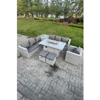 Fimous Rattan Fire Pit Dining Table Set Gas Heater Burner Lounge Sofa Side Coffee Table in Light Grey