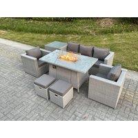 Fimous Rattan Garden Furniture Set Gas Fire Pit Lounge Sofa Chair Dining Set With Side Table & 2 PC Arm Chair in Light Grey