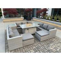 Fimous Outdoor Garden Dining Sets Rattan Furniture Gas Fire Pit Dining Table Gas Heater with 2 Side Tables Big Footstool in Light Grey