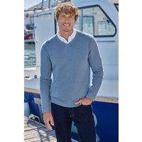 WoolOvers Men's Essential Cotton V Neck Jumper in Blue | Size: XL