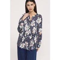 Finery London Women's Martha Printed Shirred Blouse in Dark Navy | Size: 16