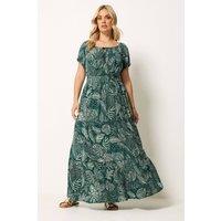 Yours Women's Leaf Tie Neck Bardot Maxi Dress in Dark Green | Size: 26-28