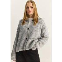 Bianco Lucci Women's Textured Polo Collar Button Cardigan in Grey