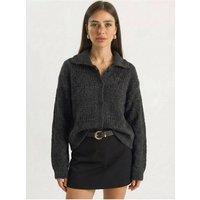 Bianco Lucci Women's Textured Polo Collar Button Cardigan in Charcoal