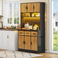 Merax Kitchen Tall Cabinet Pantry with LED, Charging Station, Shelves in Black