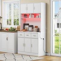 Merax Kitchen Tall Cabinet Pantry with LED, Charging Station, Shelves in White