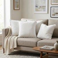 Luxury Living Set of 4 Velvet Cushions with Pom Trim with pads in Cream | Size: 43 cm x 43 cm