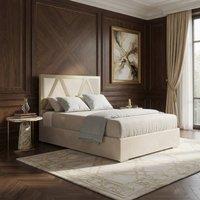 KDMD Exbourne Upholstered Soft Velvet Beige Metal Designer Bed Frame in Cream | Size: Super King