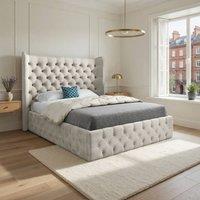 KDMD Leigh Wide Winged Upholstered Beige Soft Velvet Designer Bed Frame in Cream | Size: King