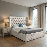 KDMD Lawford Wide Winged Upholstered Beige Soft Velvet Designer Bed Frame in Cream | Size: Double