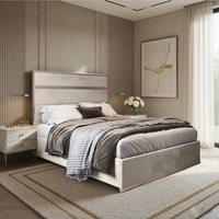 KDMD Horringer Upholstered Soft Velvet Beige Metal Designer Bed Frame in Cream | Size: Small Double
