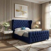 KDMD Kilburn Straight Upholstered Blue Soft Velvet Designer Bed Frame | Size: Double