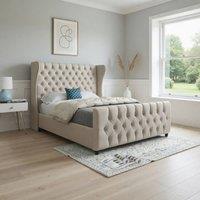 KDMD Kilburn Straight Upholstered Beige Soft Velvet Designer Bed Frame in Cream | Size: Double