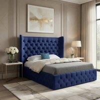 KDMD Leigh Wide Winged Upholstered Blue Soft Velvet Designer Bed Frame | Size: King
