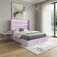 KDMD Shireshead Winged Upholstered Pink Soft Velvet Designer Bed Frame | Size: Single