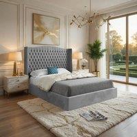 KDMD Stonegrave Winged Upholstered Grey Soft Velvet Designer Bed Frame | Size: Double