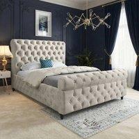 KDMD Wareham Sleigh Upholstered Beige Soft Velvet Designer Bed Frame in Cream | Size: Small Double