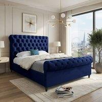KDMD Welshampton Sleigh Upholstered Blue Soft Velvet Designer Bed Frame | Size: Double