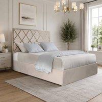 KDMD Wilburton Upholstered Soft Velvet Beige Metal Designer Bed Frame in Cream | Size: Super King
