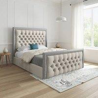 KDMD Wolston Glitter Border Beige Soft Velvet Designer Bed Frame in Cream | Size: Double