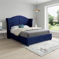 KDMD Yorkley Curved Winged Upholstered Blue Soft Velvet Designer Bed Frame | Size: Small Double
