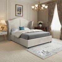 KDMD Yorkley Curved Winged Upholstered Beige Soft Velvet Designer Bed Frame in Cream | Size: Small Double