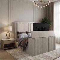 KDMD Yedingham Upholstered Soft Velvet Pebble Tv Bespoke Bed Frame in Light Sand | Size: King