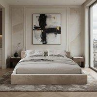 KDMD Barnehurst Boucle Upholstered Platform Latte Bed Frame in Light Khaki | Size: Double