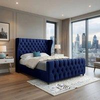 KDMD Keysoe Straight Upholstered Blue Soft Velvet Designer Bed Frame | Size: Small Double