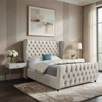 KDMD Keysoe Straight Upholstered Beige Soft Velvet Designer Bed Frame in Cream | Size: Small Double