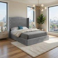 KDMD Stockport Winged Upholstered Grey Soft Velvet Designer Bed Frame | Size: King