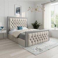 KDMD Wappenham Glitter Border Beige Soft Velvet Designer Bed Frame in Cream | Size: Small Double