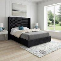 KDMD Wellesbourne Winged Upholstered Black Soft Velvet Designer Bed Frame | Size: Double