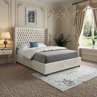 KDMD Wellesbourne Winged Upholstered Beige Soft Velvet Designer Bed Frame in Cream | Size: Double