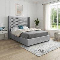 KDMD Wellesbourne Winged Upholstered Grey Soft Velvet Designer Bed Frame | Size: Double
