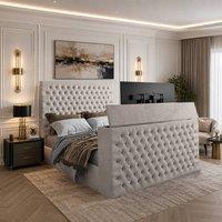 KDMD Angram Upholstered Soft Velvet Pebble TV Bed Frame in Light Sand | Size: Small Double