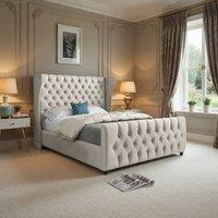 KDMD Kettering Straight Upholstered Beige Soft Velvet Designer Bed Frame in Cream | Size: Double