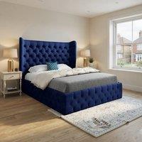 KDMD Lawford Wide Winged Upholstered Blue Soft Velvet Designer Bed Frame | Size: Double