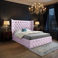 KDMD Lawford Wide Winged Upholstered Pink Soft Velvet Designer Bed Frame | Size: Double