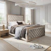 KDMD Mawdesley Upholstered Soft Velvet Beige Metal Designer Bed Frame in Cream | Size: King