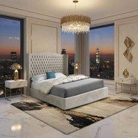 KDMD Stockcross Winged Upholstered Beige Soft Velvet Designer Bed Frame in Cream | Size: Super King